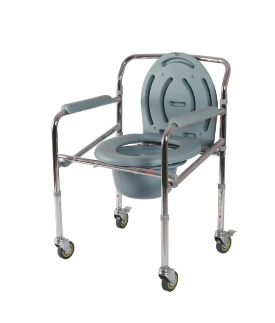 Steel Foldable Commode Chair With wheel Castors | With Back Rest and Arm Rest | Lightweight | Anti Rusting Material (Silver)