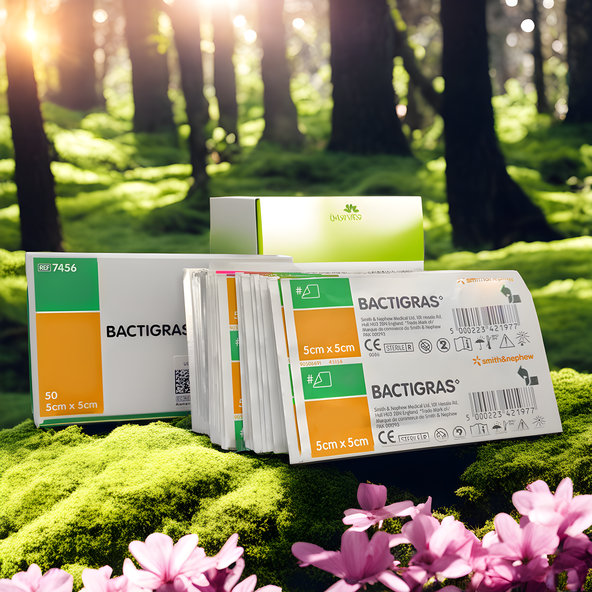 A display of BACTIGRAS sterile dressings in packaging, set against a lush, green forest background with sunlight filtering through the trees.