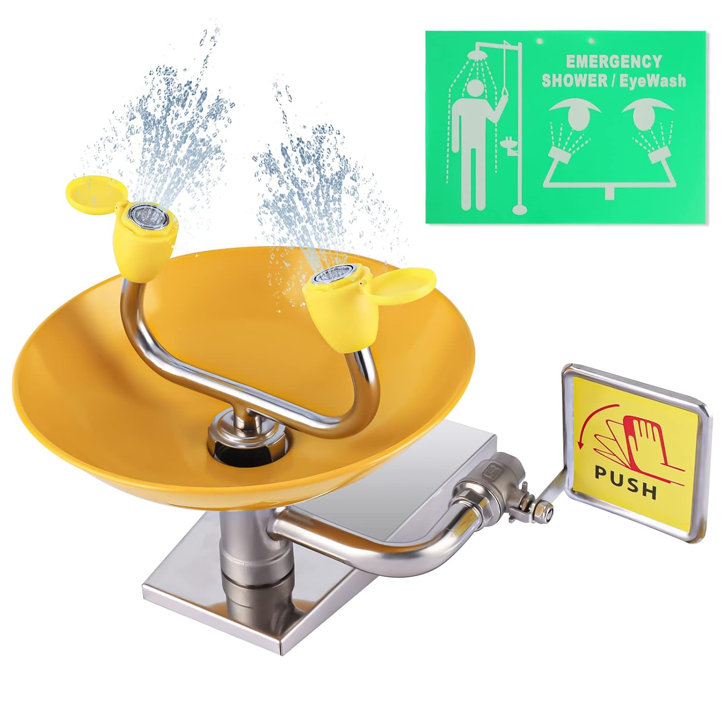 An emergency eyewash station with a yellow bowl and handles, featuring water spraying from two nozzles, alongside a green instructional sign and a push button.