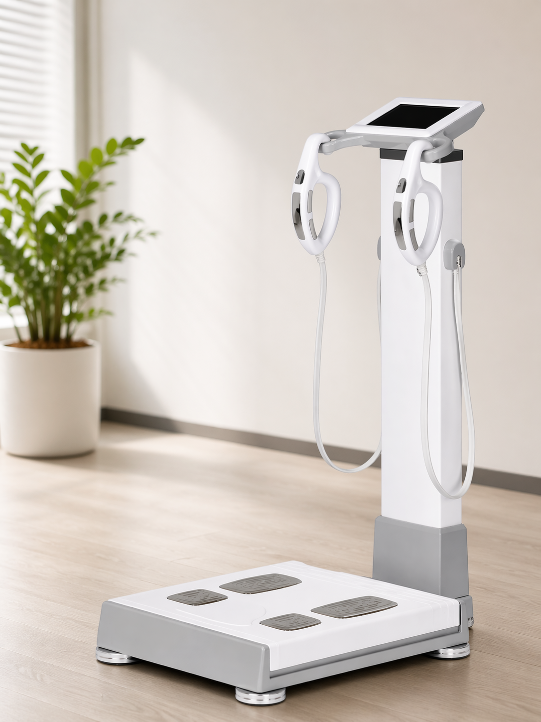 A modern body composition scale with a touchscreen display and two handles, set against a light-filled interior with a potted plant.