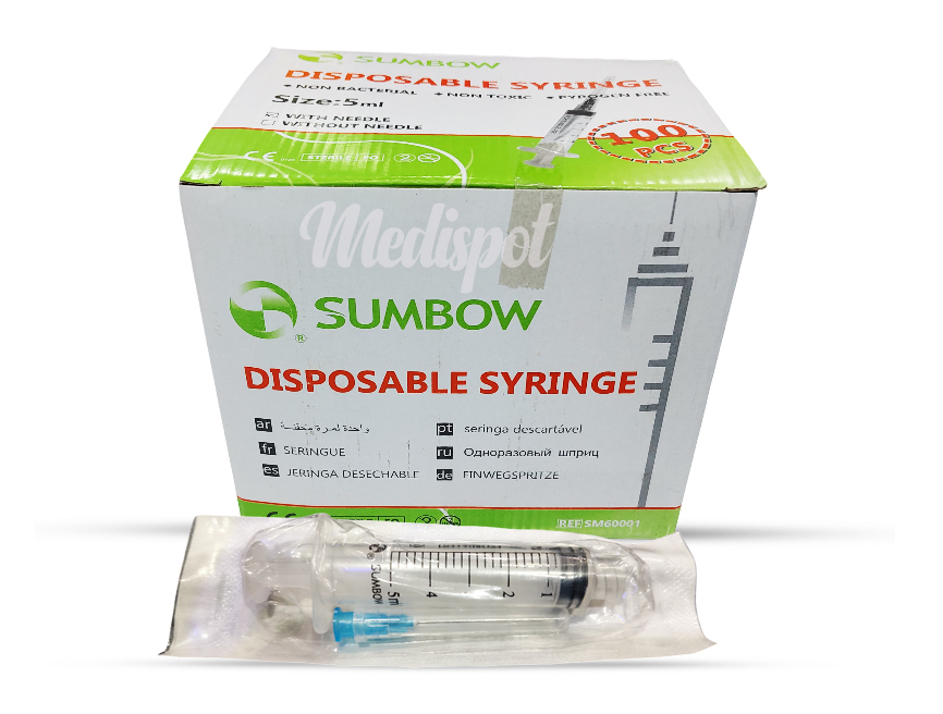 Disposable medical Sterile single use syringe with Needles sumbow box/100 5ml 23GX1.25 Chinese,محقنة سومبو التي تستخدم لمرة واحدة 5 مل,sumbow syringe