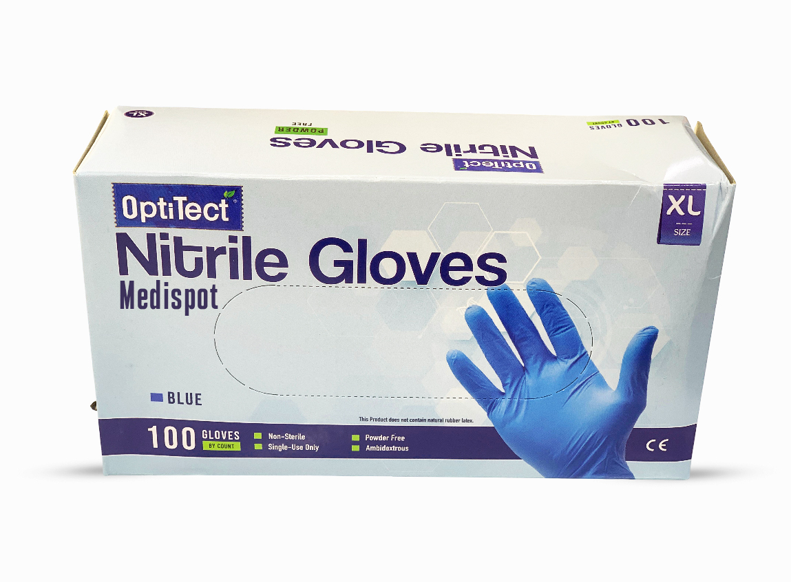 Optitect Nitrile Blue Gloves Powered free x large box/100 Malaysia,اوبتي تيكت قفازات النتريل خالية من البودرة, اوبتي تيكت قفازات خالية من البودرة 100 قطعة