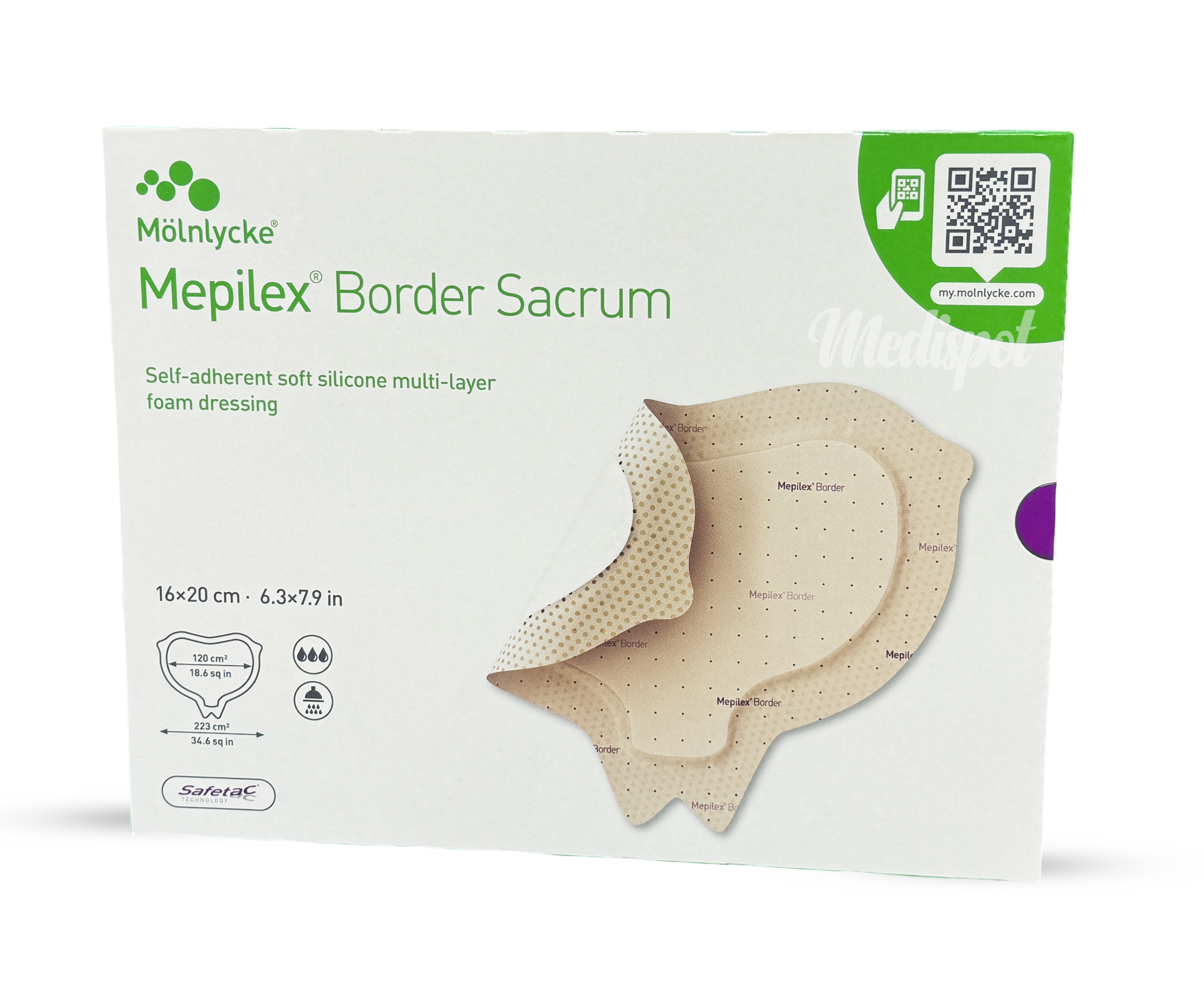 Meplex Mollenik  Border Sacrom 16 cm × 20 cm (6.3 inches × 7.9 inches)  Pack of 10 Pieces | Five-layer sponge dressing for pressure ulcers and sacral wounds,ضماد للتقرحات رغويه سيليكون Mepilex Border Sacrum