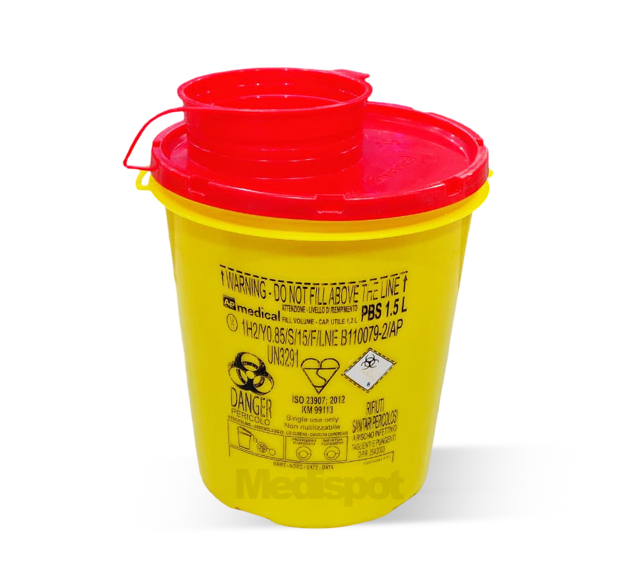 PBS Line 1.5 liter needle containers italy,ap medical PBS Line Sharp needle disposal yellow container,1 5 liter rounded yellow needle sharp containers,حاوية نفايات طبية 1.5 لتر دائري اصفر