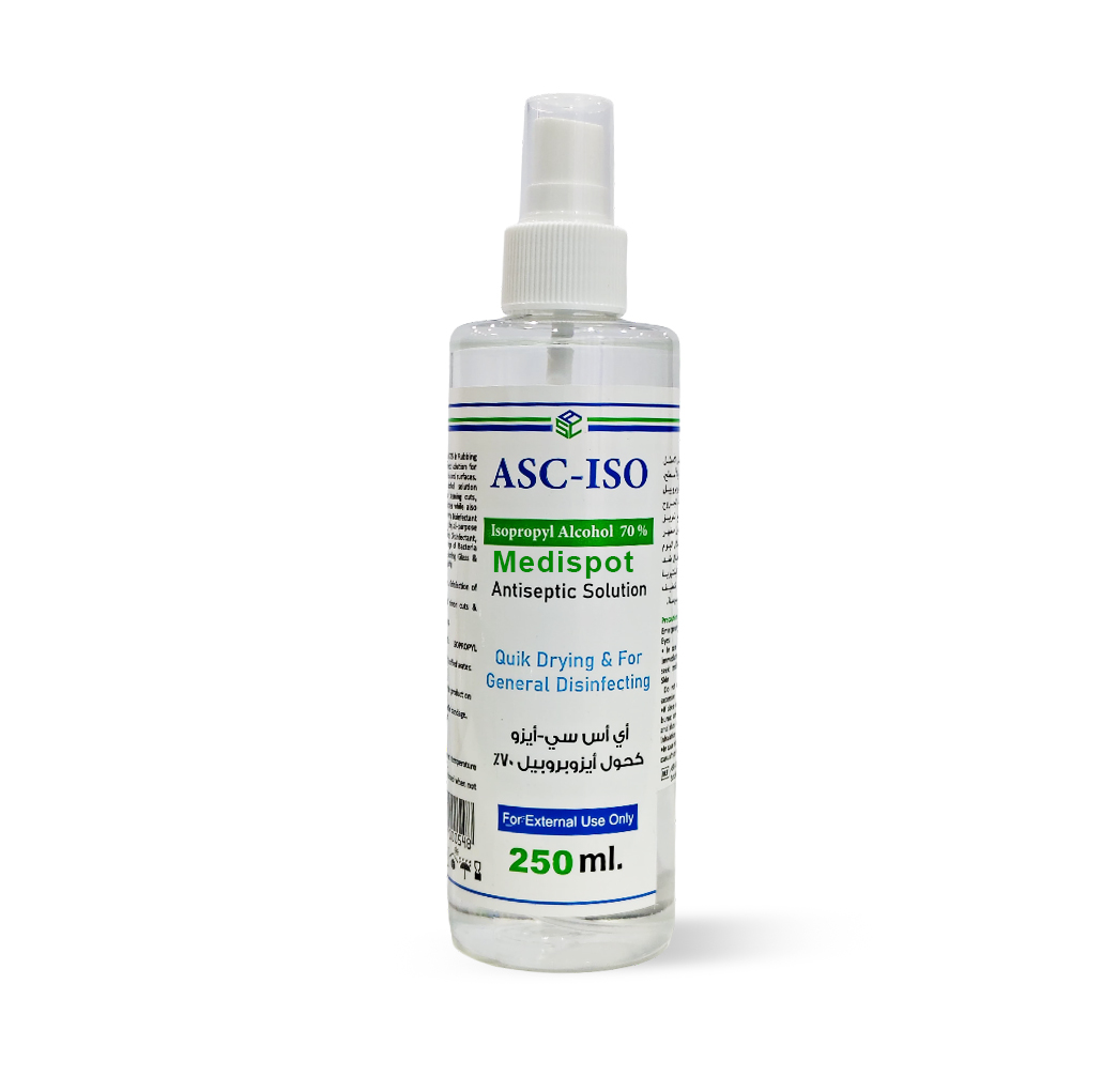 ASC-ISO Isopropyl Alcohol 70% 250ml,أي إس سي معقم بخاخ طبي للاسطح والمعدات 70% كحول 250 مل