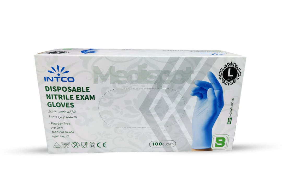 INTCO Disposable Nitrile Medical Grade Examination Blue Gloves,Disposable Nitrile Exam Gloves,قفازات فحص النتريل الزرقاء الخالية من البودرة من اللاتكس للاستعمال مرة واحدة، مقاس متوسط,قفازات فحص نيتريل طبية للاستعمال مرة واحدة – INTCO (أزرق)