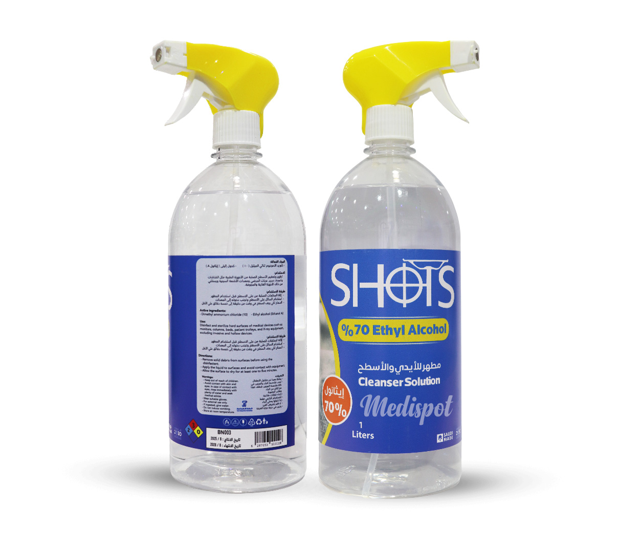 SHOTS 70% Ethyl Alcohol (Ethanol) 1000ml,كحول إيثيلي 70% (إيثانول) – 1000 مل,كحول إيثيلي بتركيز 70% (إيثانول) بحجم 1000 مل هو محلول مطهّر عالي الجودة يُستخدم لتعقيم اليدين والأسطح