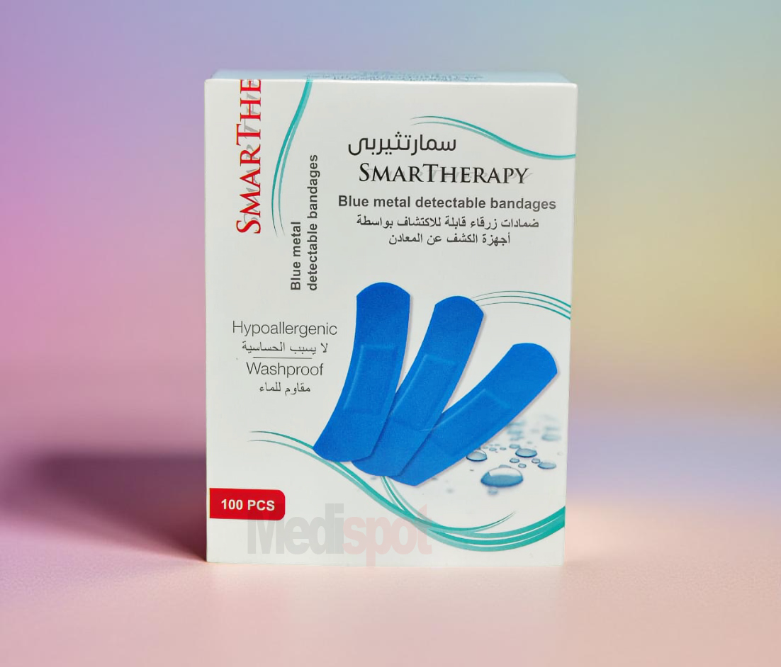 A box of blue metal detectable bandages labeled 'SMARTTHERAPY', highlighting features such as hypoallergenic and waterproof qualities, with a total of 100 pieces in the pack.
