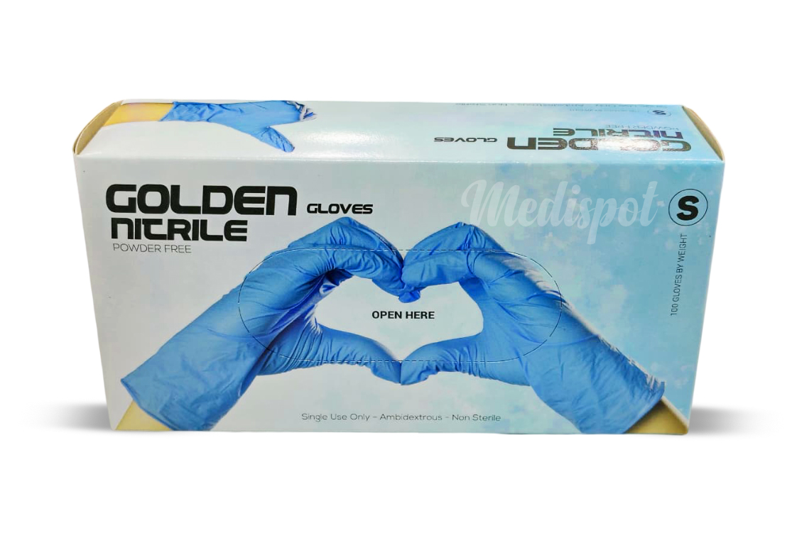 Golden Nitrile Examination Gloves powder free Small (S) Malaysia, قفازات جولدن نيتريل – خالية من البودرة – مقاس صغير (S) – صناعة ماليزية