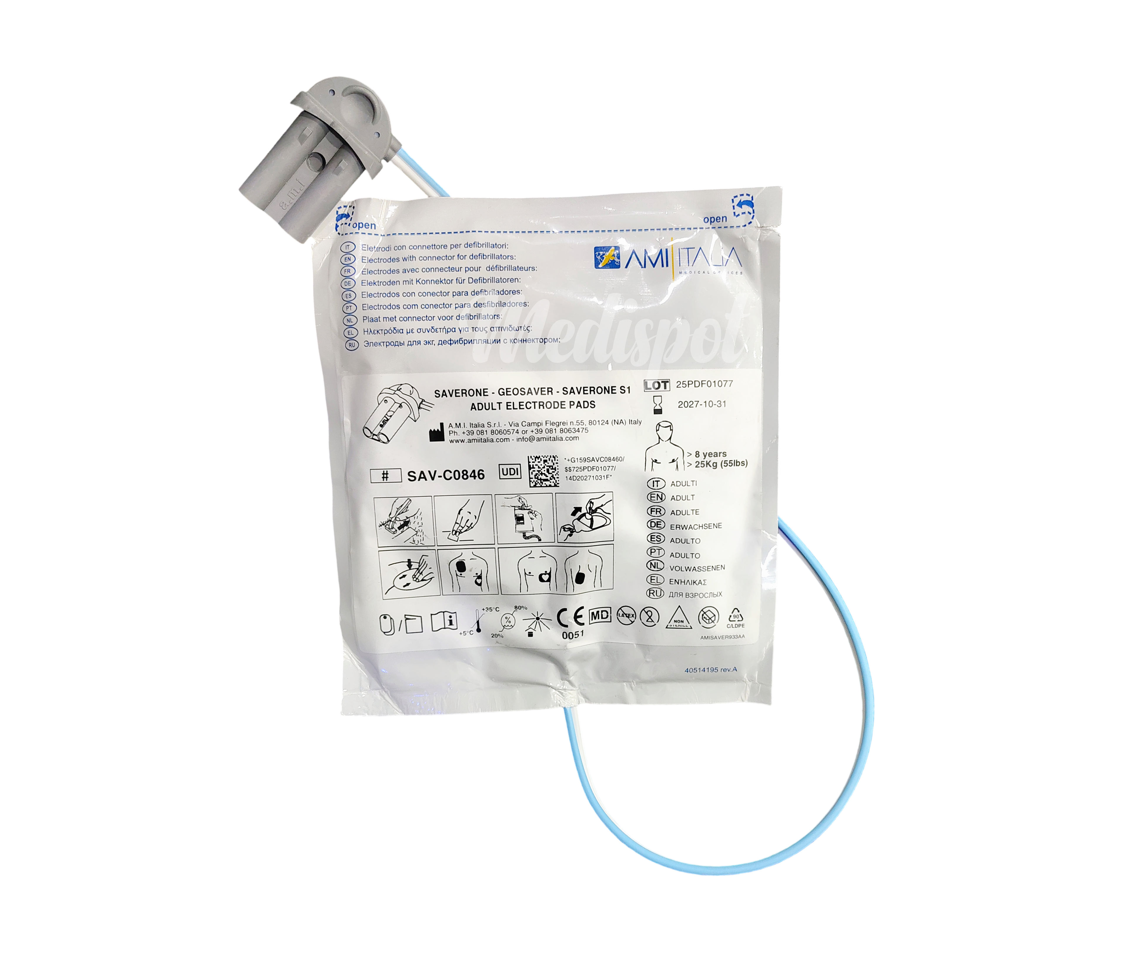 Saver one Disposable Universal Preconnected PADs (adult electrode pads) Italy, Ami Italia Saver One Adult Electrodes,aed pads,saver one aed pads