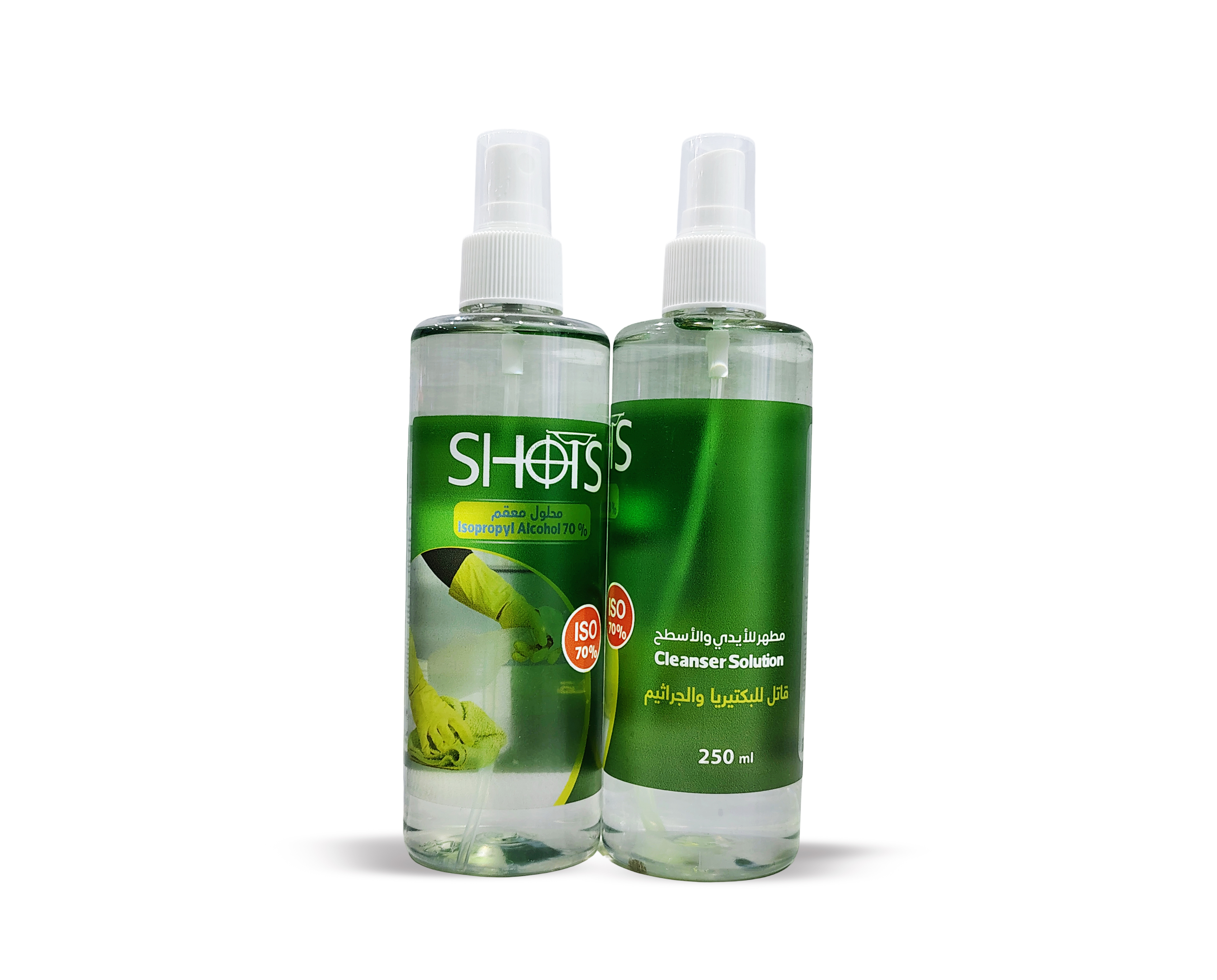 Shots Isopropyl Alcohol 70% Cleanser Solution a disinfectant spray for hands and surfaces.250ML,شوتس – محلول كحول إيزوبروبيلي 70% للتنظيف والتعقيم – 250 مل