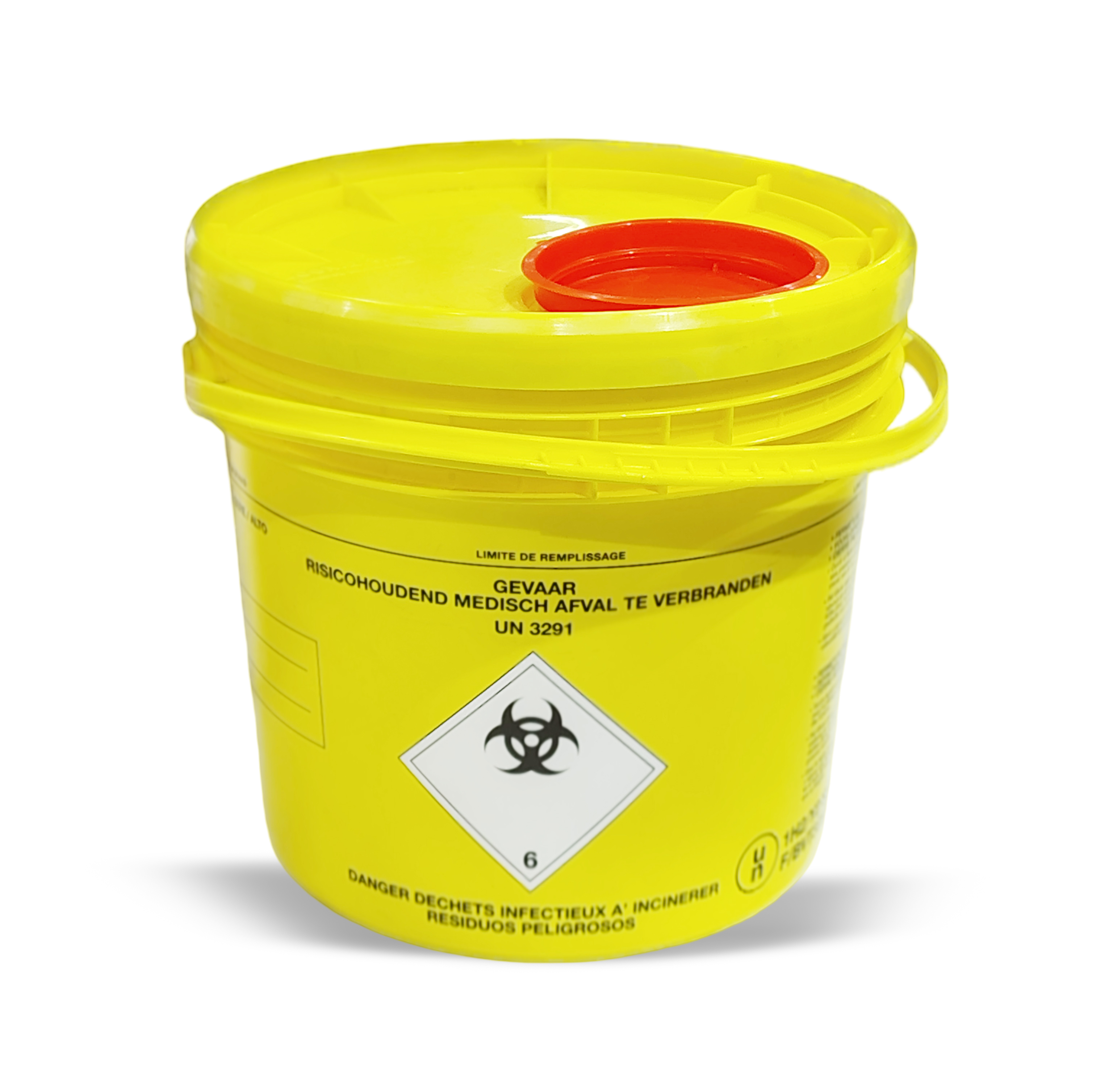 Yellow Medical waste round sharp container 6 Liter italy, Safety containers,إليك وصفًا عربيًا مُحسنًا لحاوية النفايات الطبية الحادة سعة 6 لترات (صناعة إيطالية)