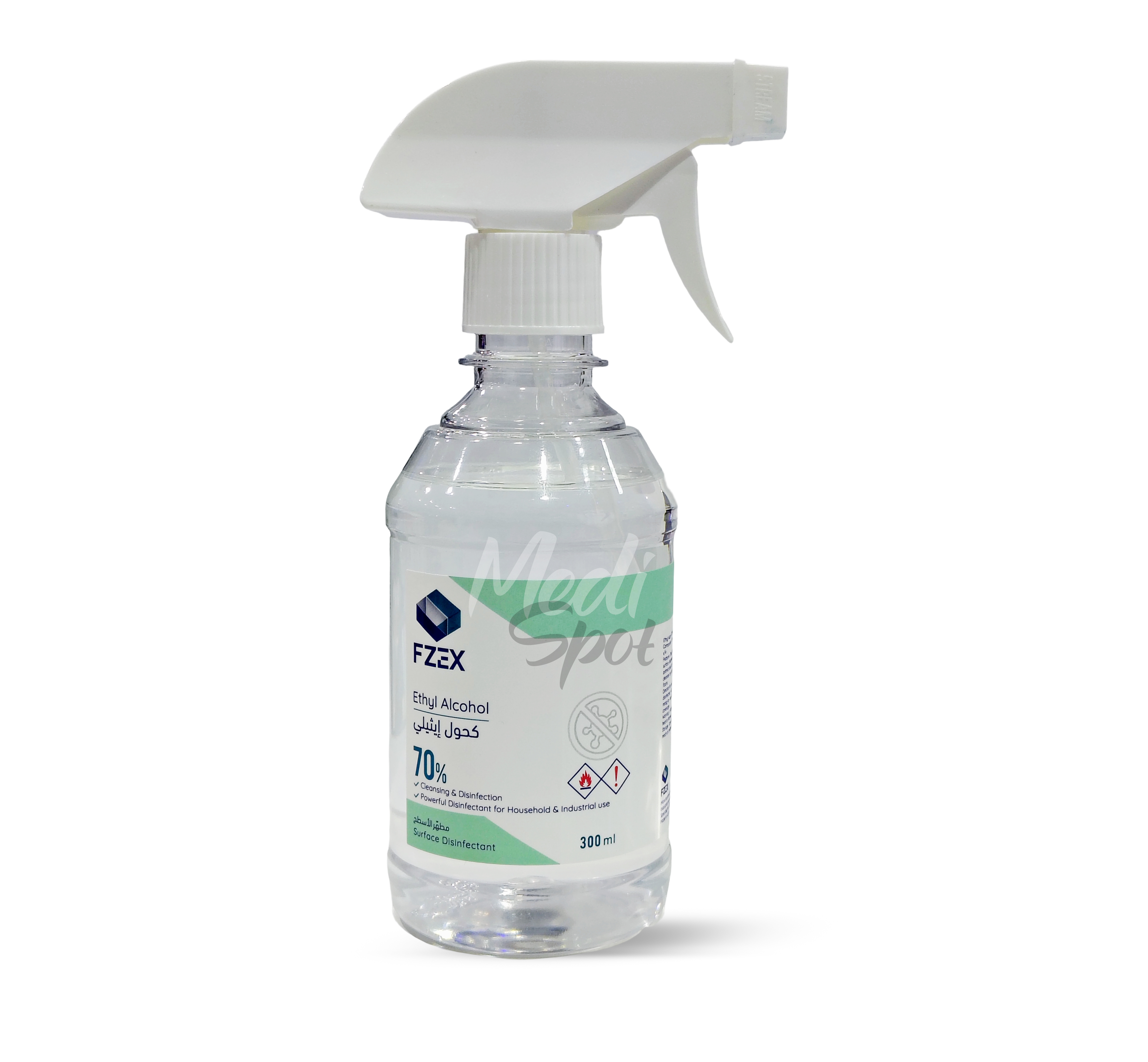 FZEX Ethyl Alcohol 70%  Cleaning & Surface Disinfection Solution 300 ml,محلول فزكس كحول إيثيلي بتركيز 70% مخصص لتنظيف وتعقيم الأسطح,بخاخ كحول ايثيلي 70% حجم 300 مل بيور اند كلين,