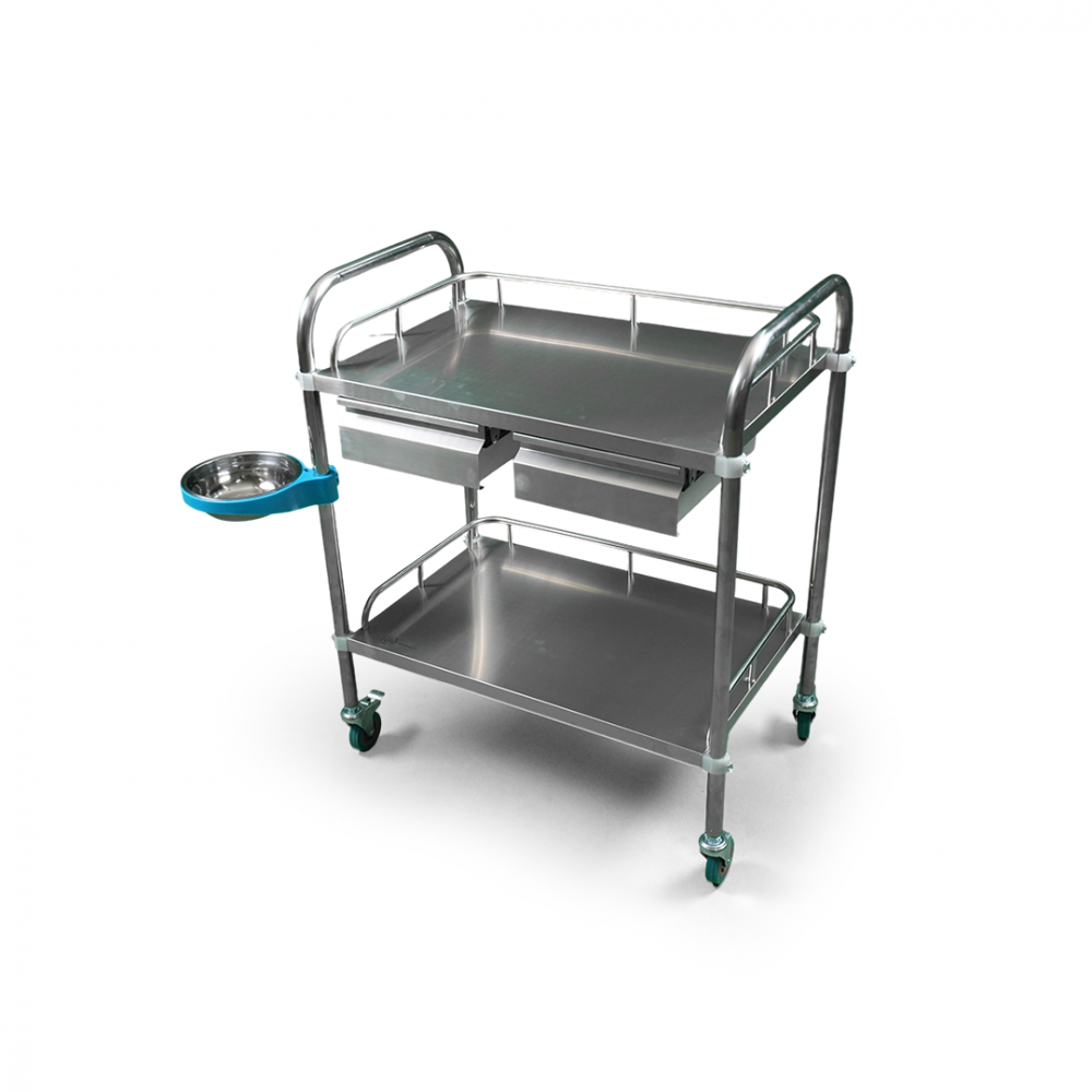 2 shelf stainless steel medicine and equipment trolley with edges drawer and basket,تروللي آلات و أدوية استيل 2 رف بحواف مع درج و سلة