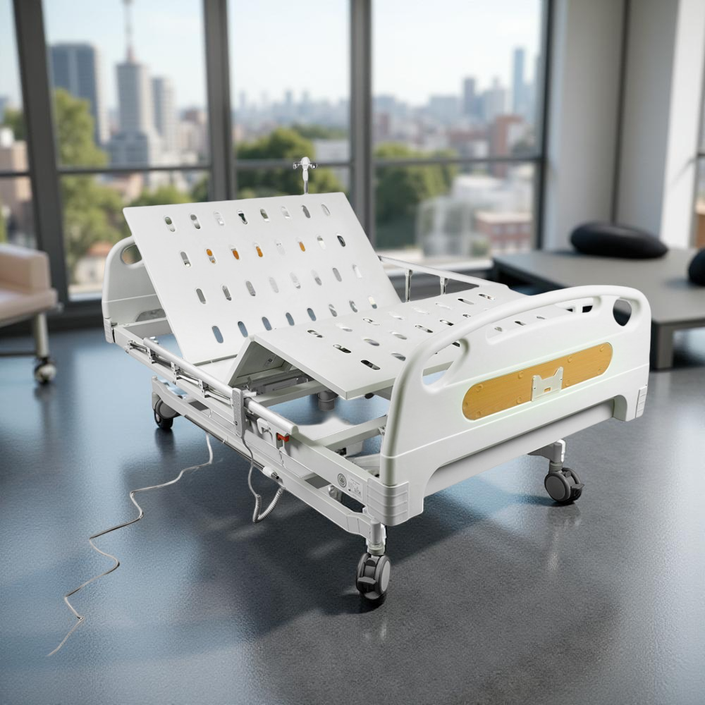 Adjustable hospital bed with raised head section, situated in a room with large windows overlooking a cityscape.