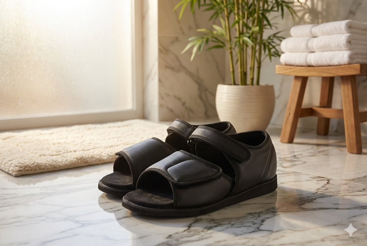 A pair of black sandals with Velcro straps placed on a marble floor near a window, with a bamboo plant and neatly stacked towels in the background.