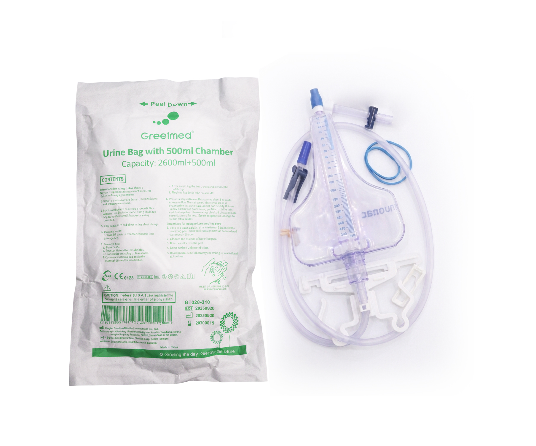 Greetmed Urine Bag with 500 ml Chamber (Capacity: 2600 ml + 500 ml),كيس بول جريت ميد مزوّد بحجرة قياس 500 مل,Medical Urine Drainage Bag – Greetmed,كيس تصريف البول الطبي – جريت ميد