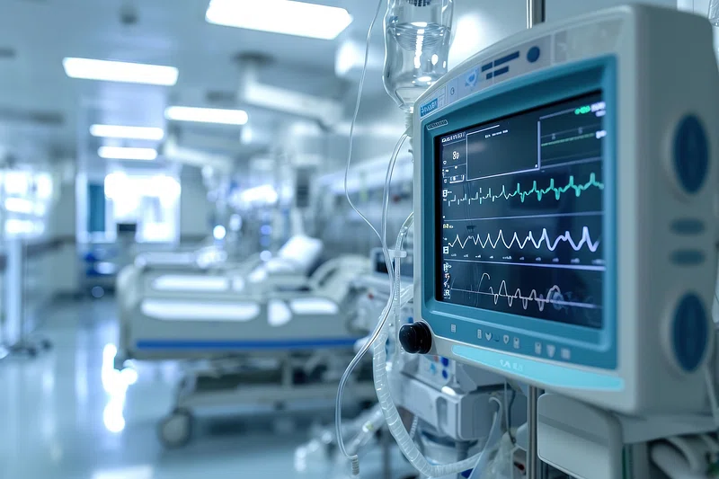 Close-up of a hospital monitor displaying vital signs, with empty hospital beds in the background.