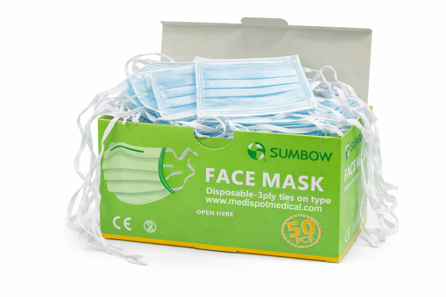 Disposable 3-Ply Face Mask  SUMBOW Box/50,surgical face Mask tie one 3ply 50 pcs,كمامة جراحية سومبو ثلاثية الطبقات برباط – 50 قطعة