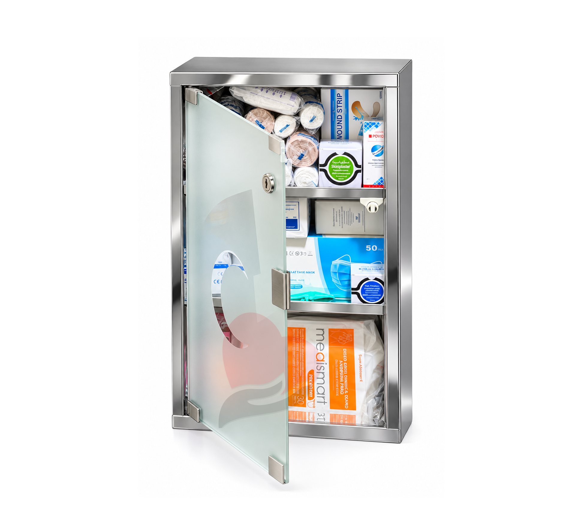 Stainless Steel Wall-Mounted Medical / First Aid Cabinet,خزانة التخزين الطبية المصنوعة من الفولاذ المقاوم للصدأ, صندوق صيدلية إسعافات أولية مع جميع مكوناته مقاس Large